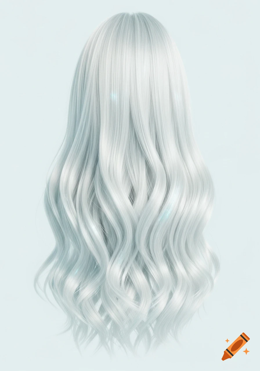 Long, wavy, bright white hair with subtle blue hints and glossy highlights, against a light background.