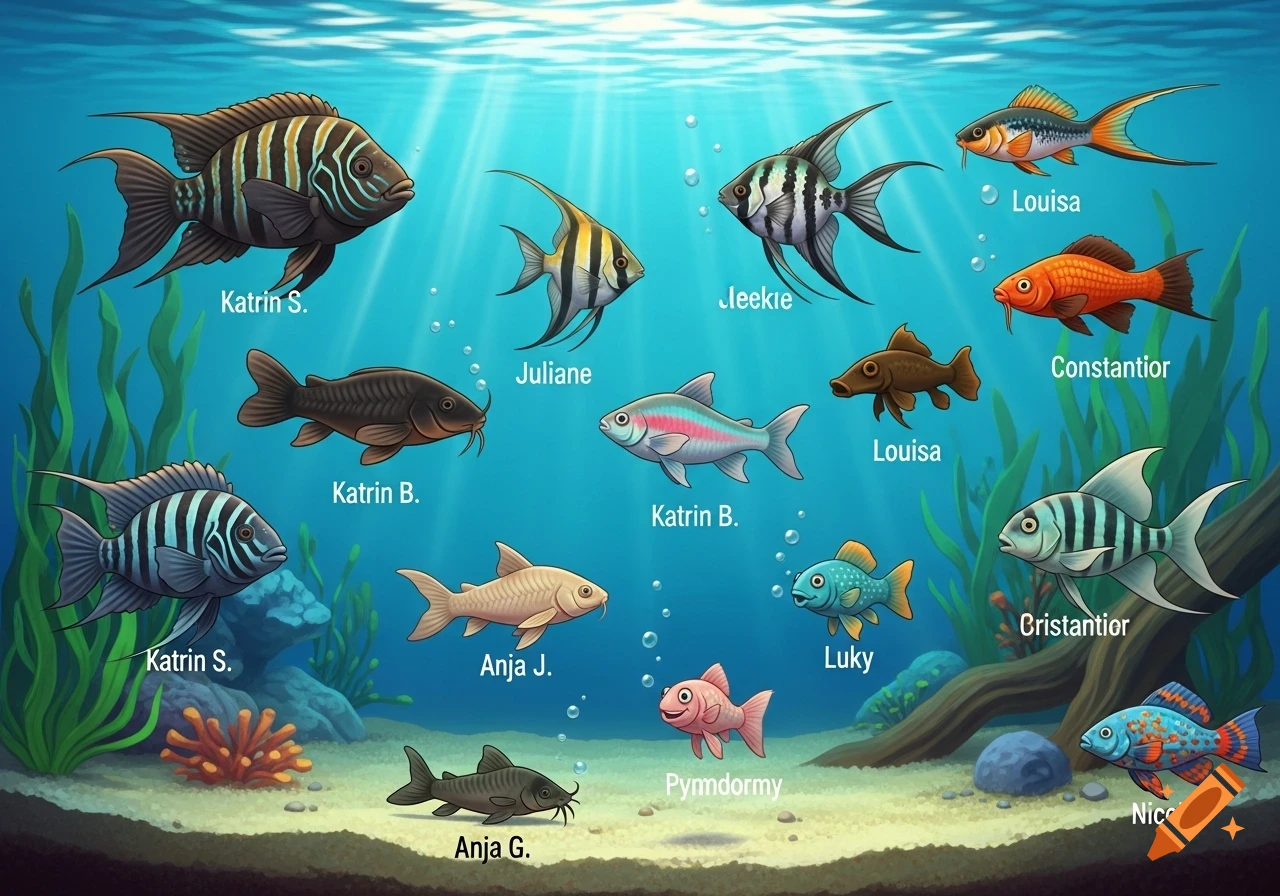 A detailed 2D digital illustration of various colorful fish swimming in an aquarium with plants and rocks.