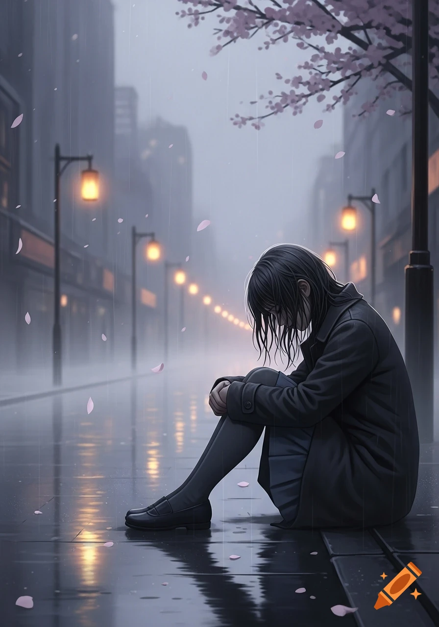 A young woman sits alone on a wet city street in the rain at twilight, head down, with cherry blossom petals falling, in an anime style.