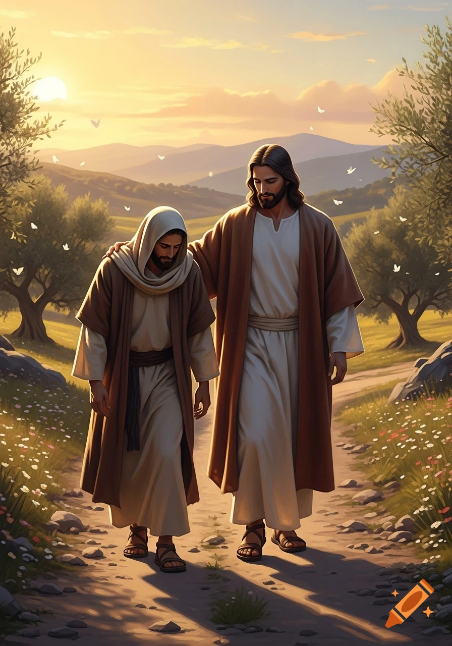Stylized illustration of Jesus with his arm around another man's shoulder, walking on a path through a sunlit landscape with olive trees and wildflowers at sunset.
