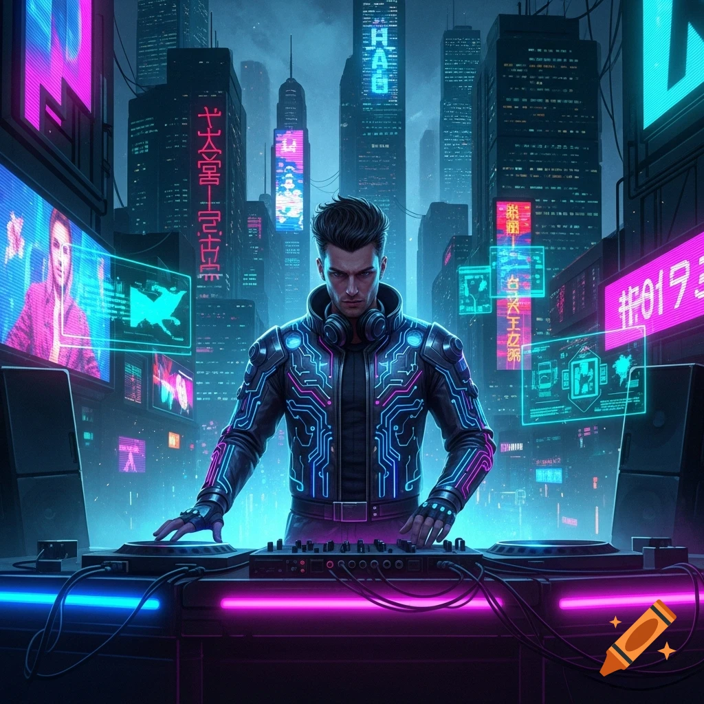 A male DJ in a glowing circuit-patterned jacket plays on a mixer in a neon-lit cyberpunk city at night.