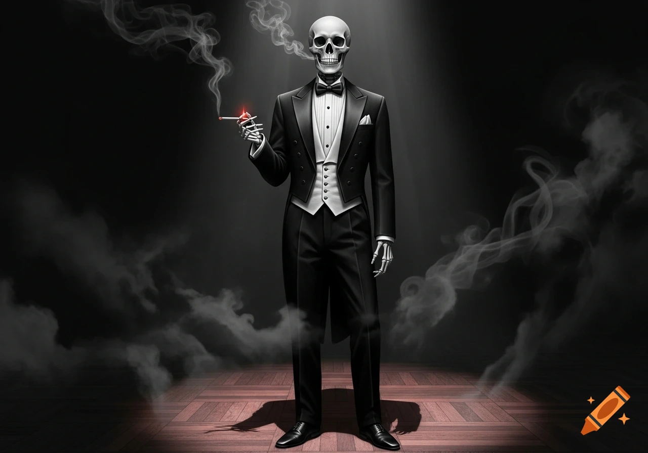 A full body image of a dapper skeleton in a tuxedo smoking a cigarette in a dark, smoky room.
