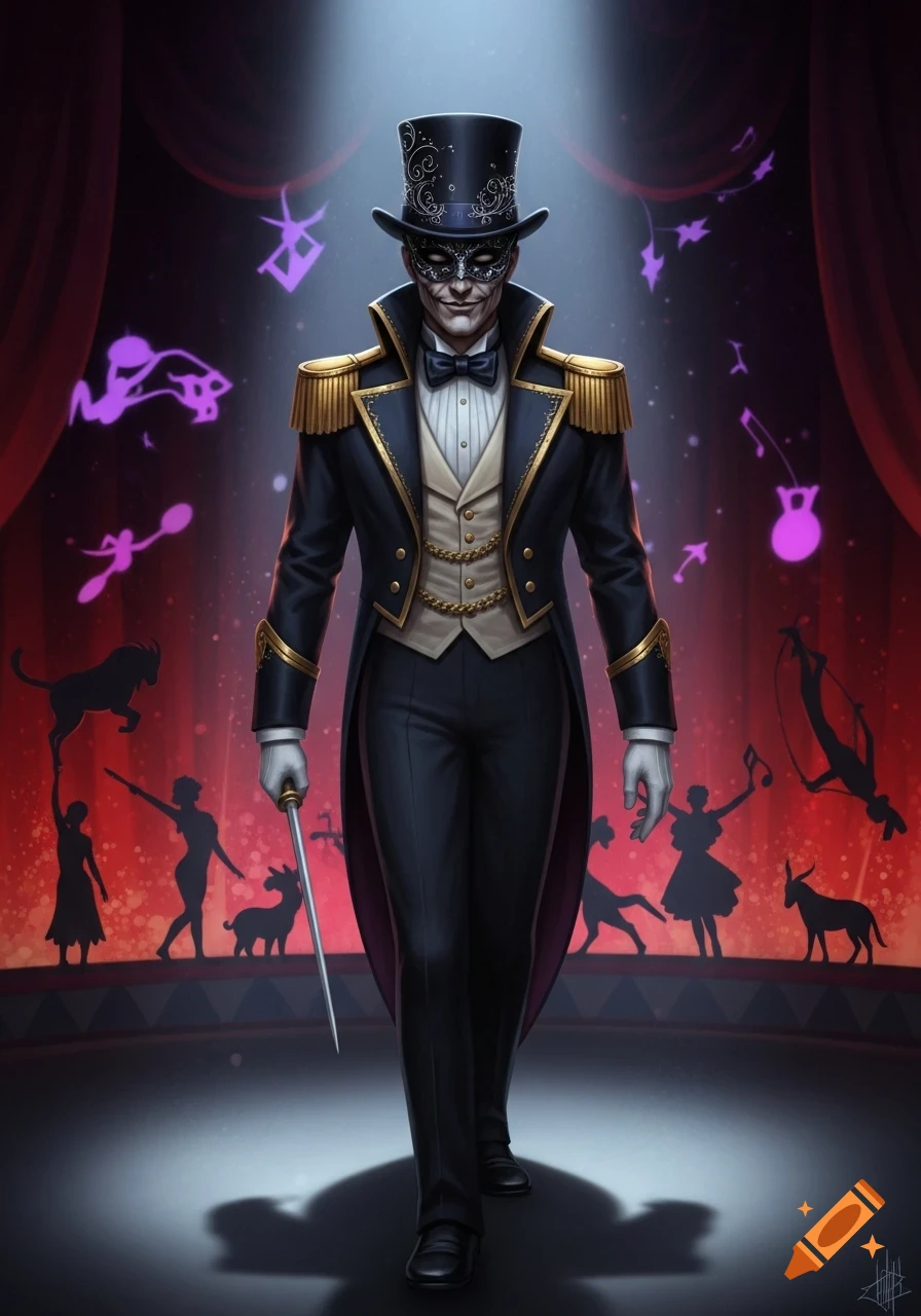 A regal, masked circus ringmaster in an ornate uniform and top hat, holding a sword, walks on a spotlighted stage.