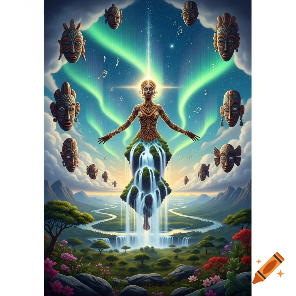 A divine goddess radiates light over a surreal landscape with waterfalls, surrounded by African masks and an aurora sky. Digital art.