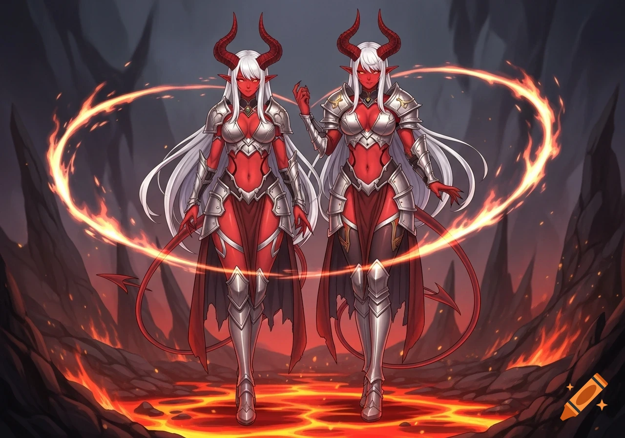 Two red-skinned demon women in silver armor with horns and tails stand on a fiery lava ground in semi-realistic anime style.
