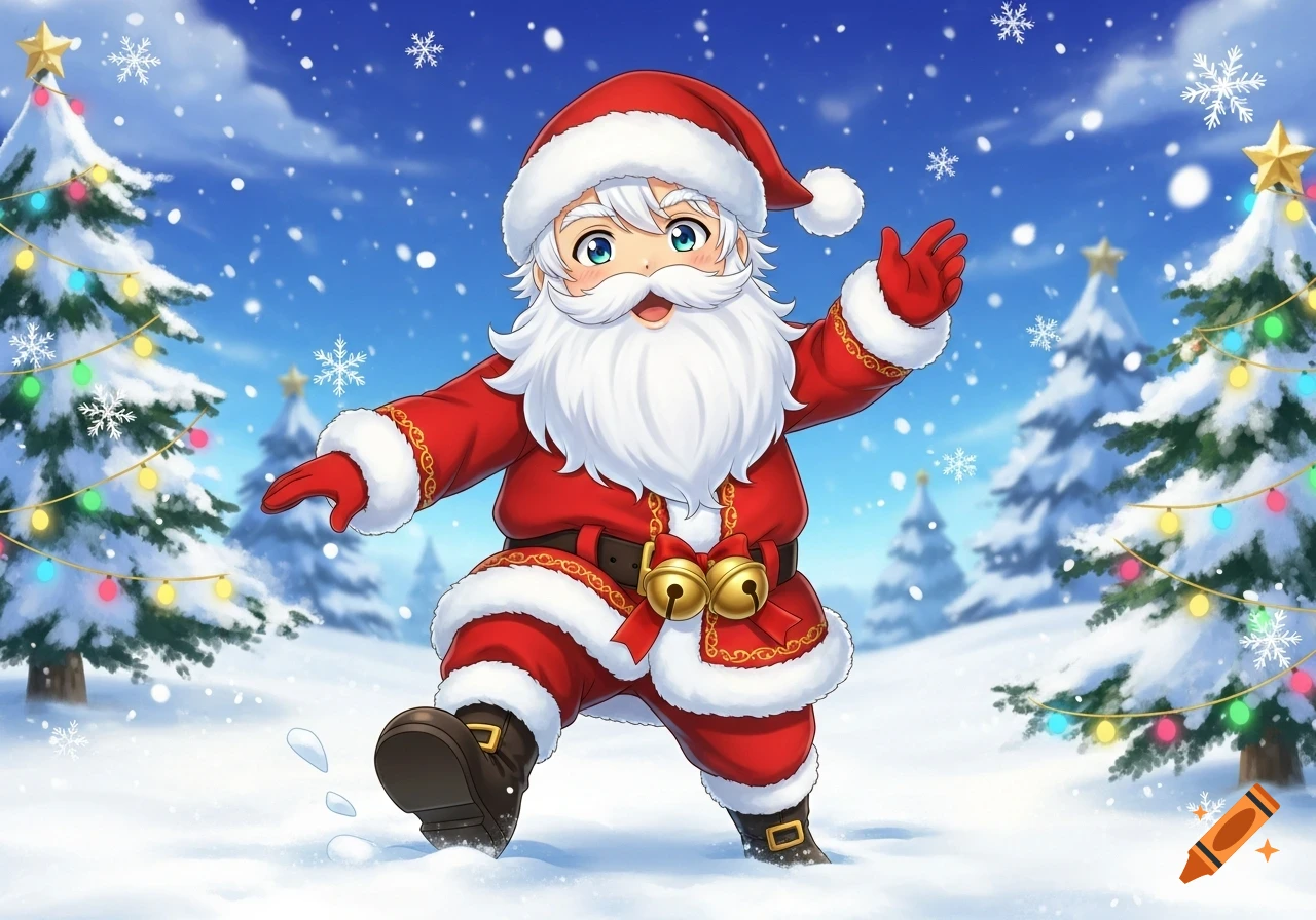 An anime-style Santa Claus with white hair and beard, wearing a red suit, walking in the snow with decorated Christmas trees and falling snowflakes.