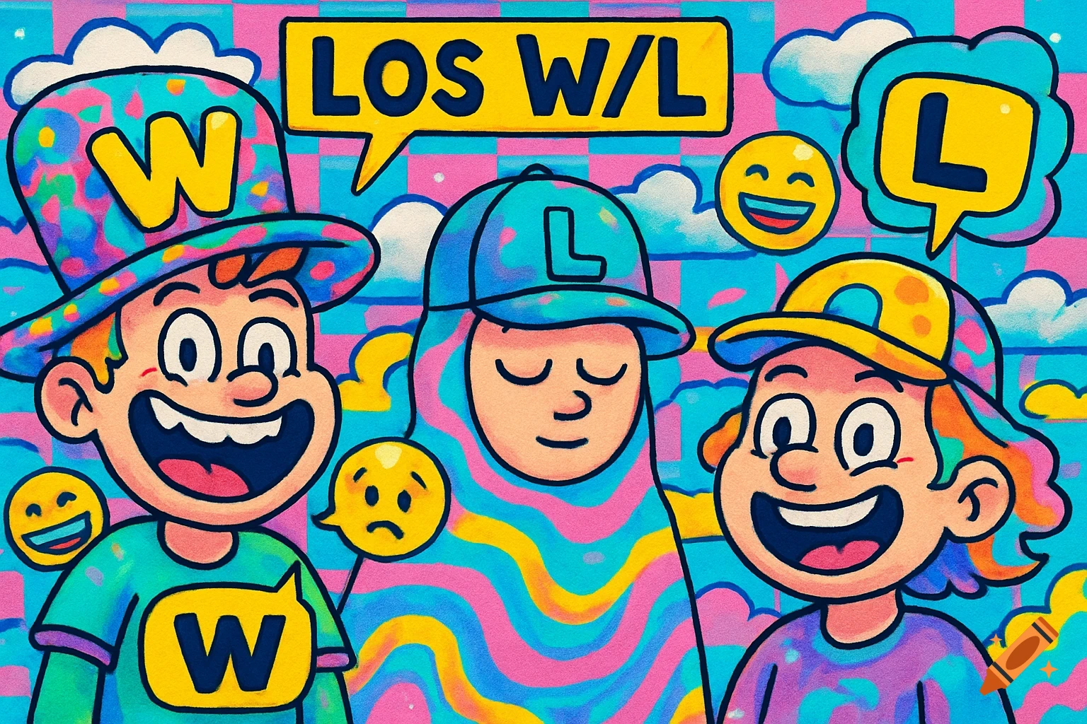 Three colorful cartoon characters, two smiling widely and one serene, wearing hats and shirts with 'W' and 'L' symbols, against a vibrant patterned background with clouds and emojis.