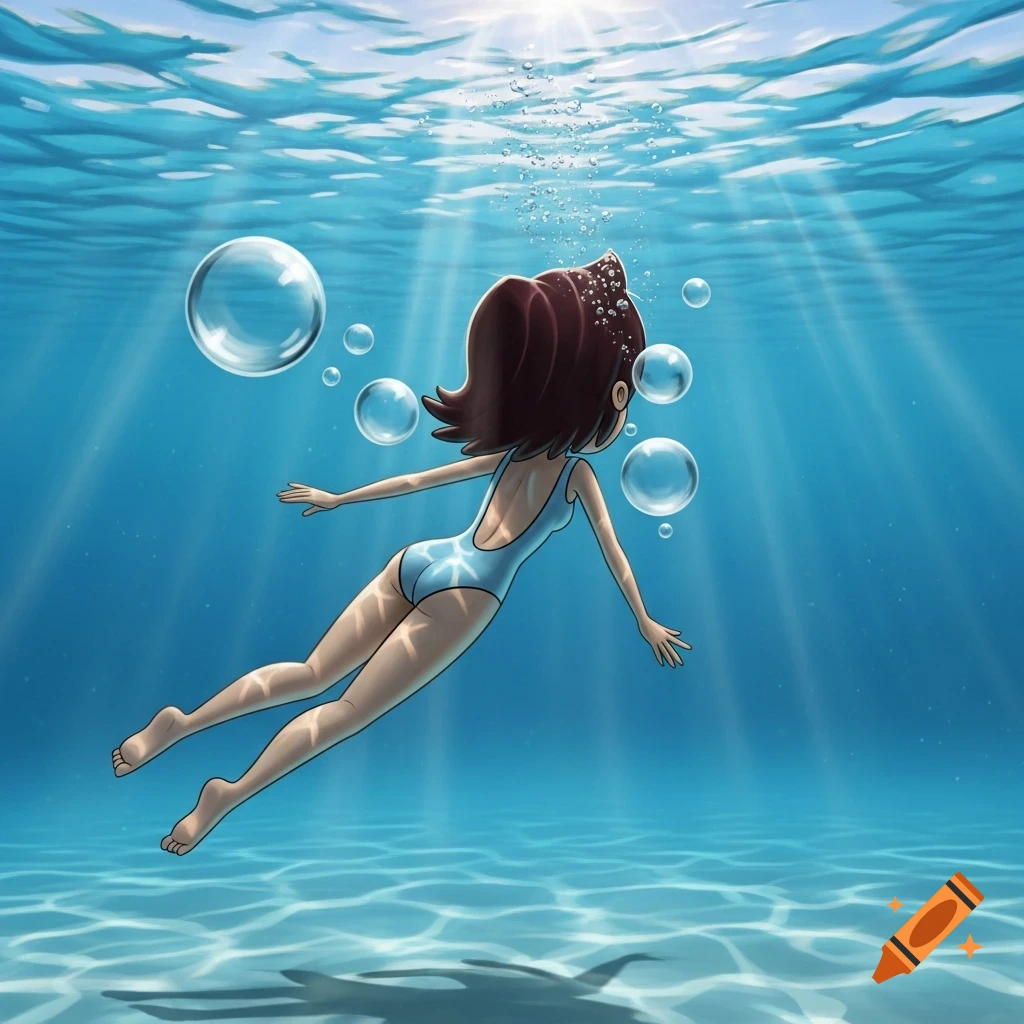 Anime girl in a light blue swimsuit swims gracefully underwater, surrounded by bubbles and sunrays filtering from above.
