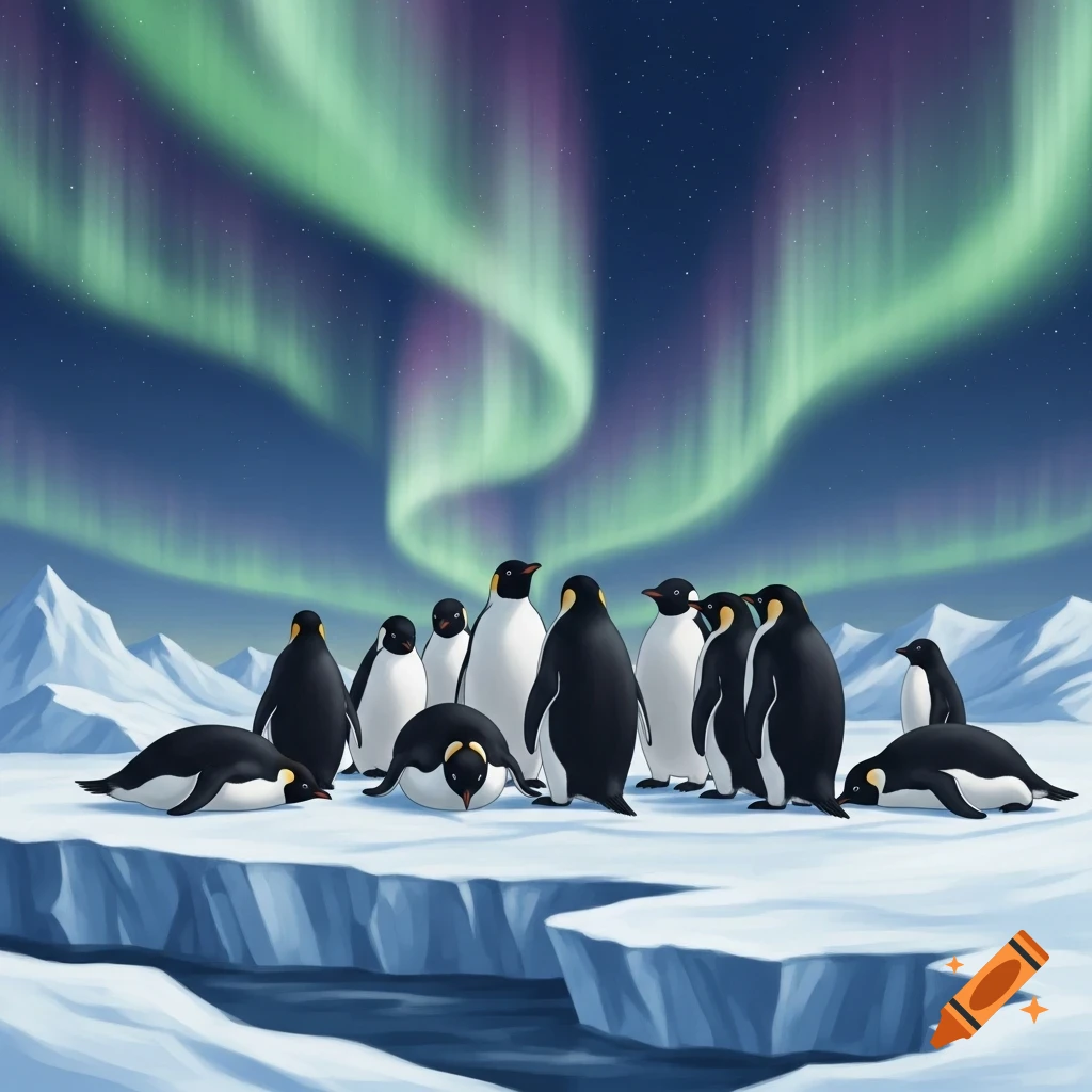 A group of emperor penguins standing and lying on an icy floe under a vibrant green and purple aurora borealis in an illustration.