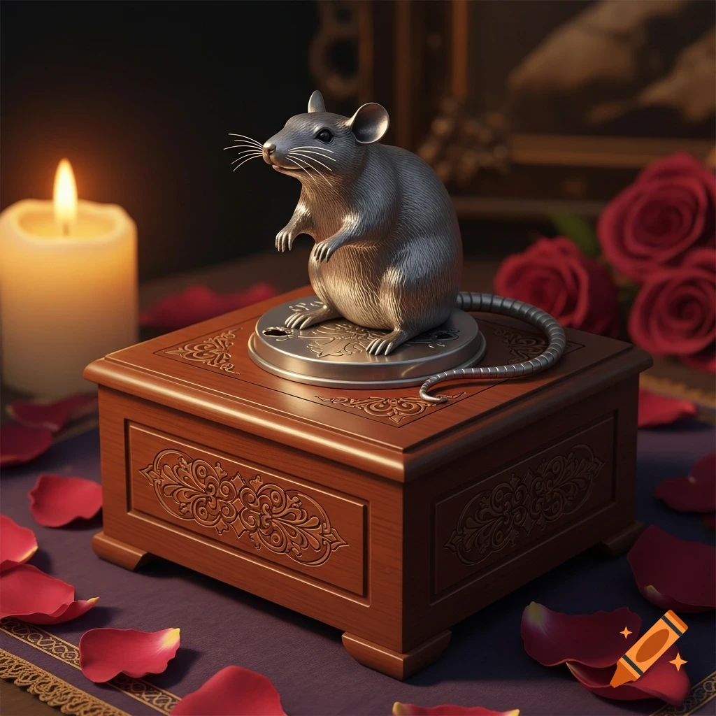 A detailed silver rat figurine stands on a carved wooden music box, surrounded by red rose petals and a lit candle.