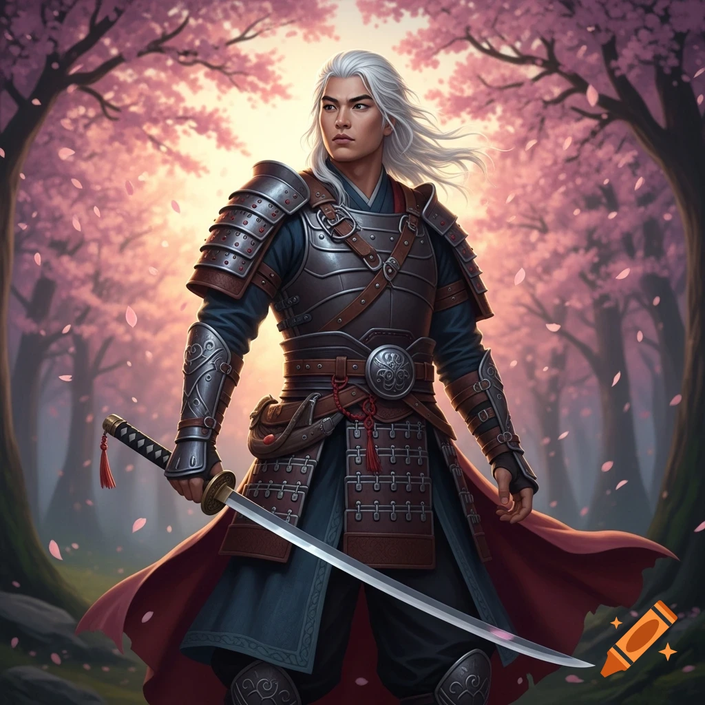 A young man with white hair and samurai armor holds a katana in a cherry blossom forest, in a digital painting style.