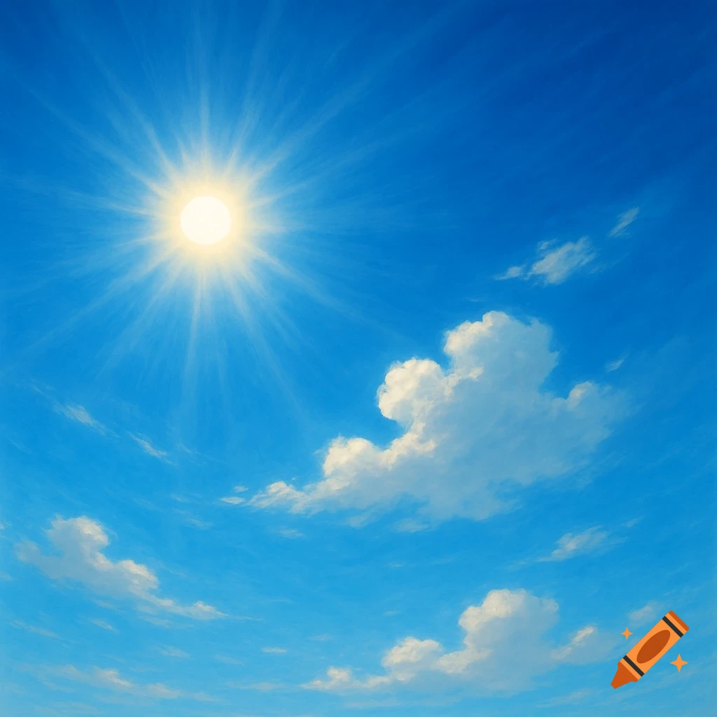 Bright blue sky with a radiating sun and fluffy white clouds.