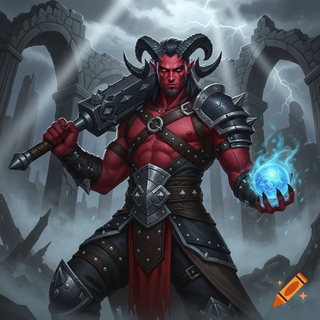 A red-skinned, horned male demon-like warrior in black and silver armor holds a mace and a glowing blue orb amidst ancient ruins under a stormy sky.