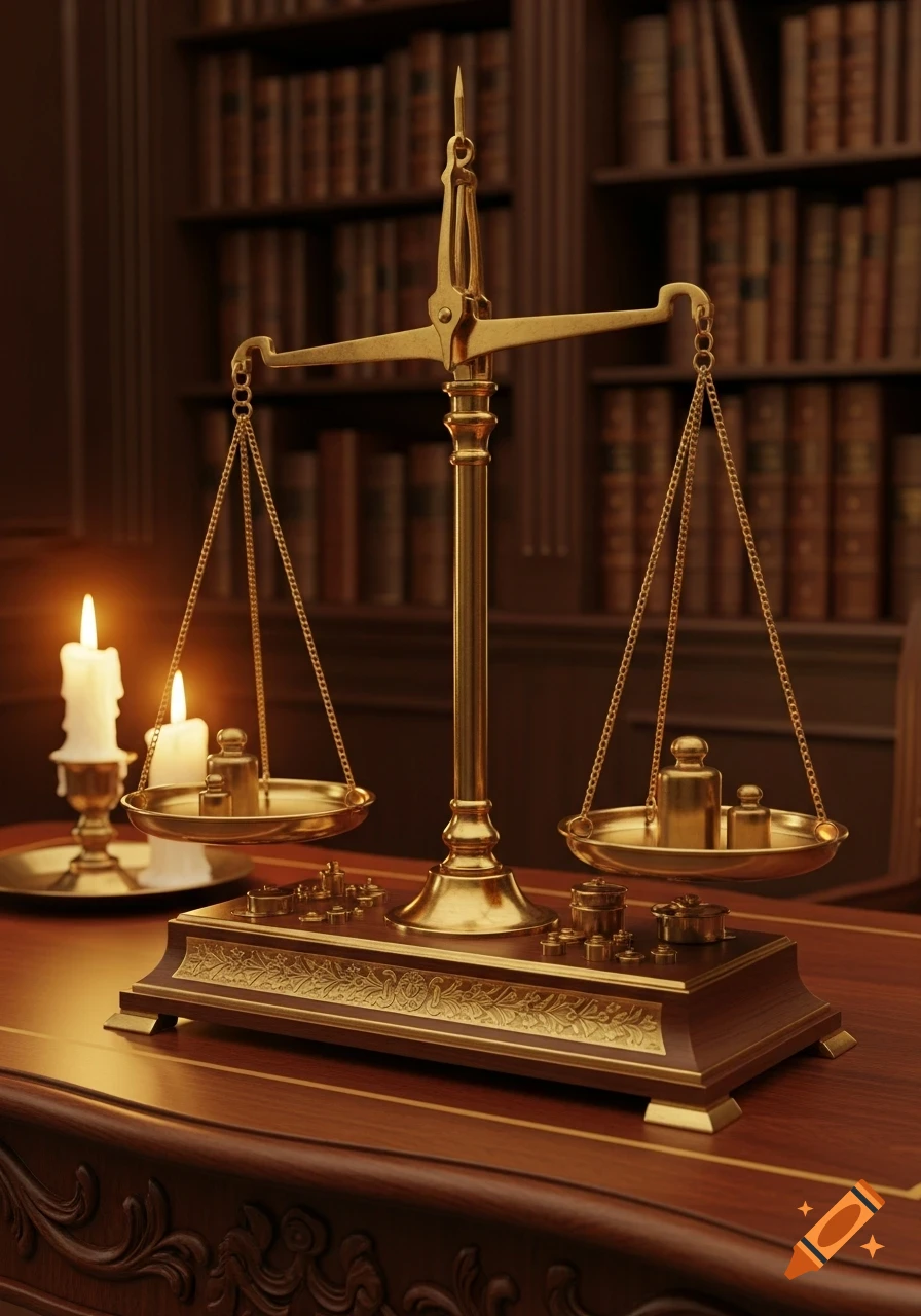 A photorealistic image of an antique golden balance scale on a wooden desk with lit candles and bookshelves.