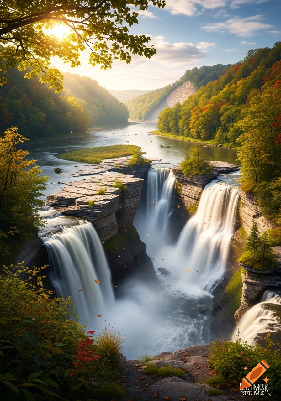 A stunning photorealistic landscape of a river flowing over multiple waterfalls in a rocky canyon, surrounded by lush autumn trees, under a bright sun.