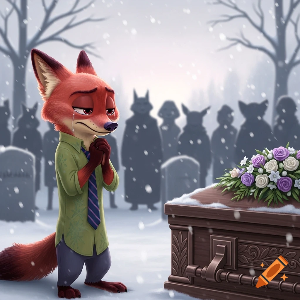 Nick Wilde, an anthropomorphic fox, cries at a snowy outdoor funeral, standing before a coffin covered in flowers and gravestones.