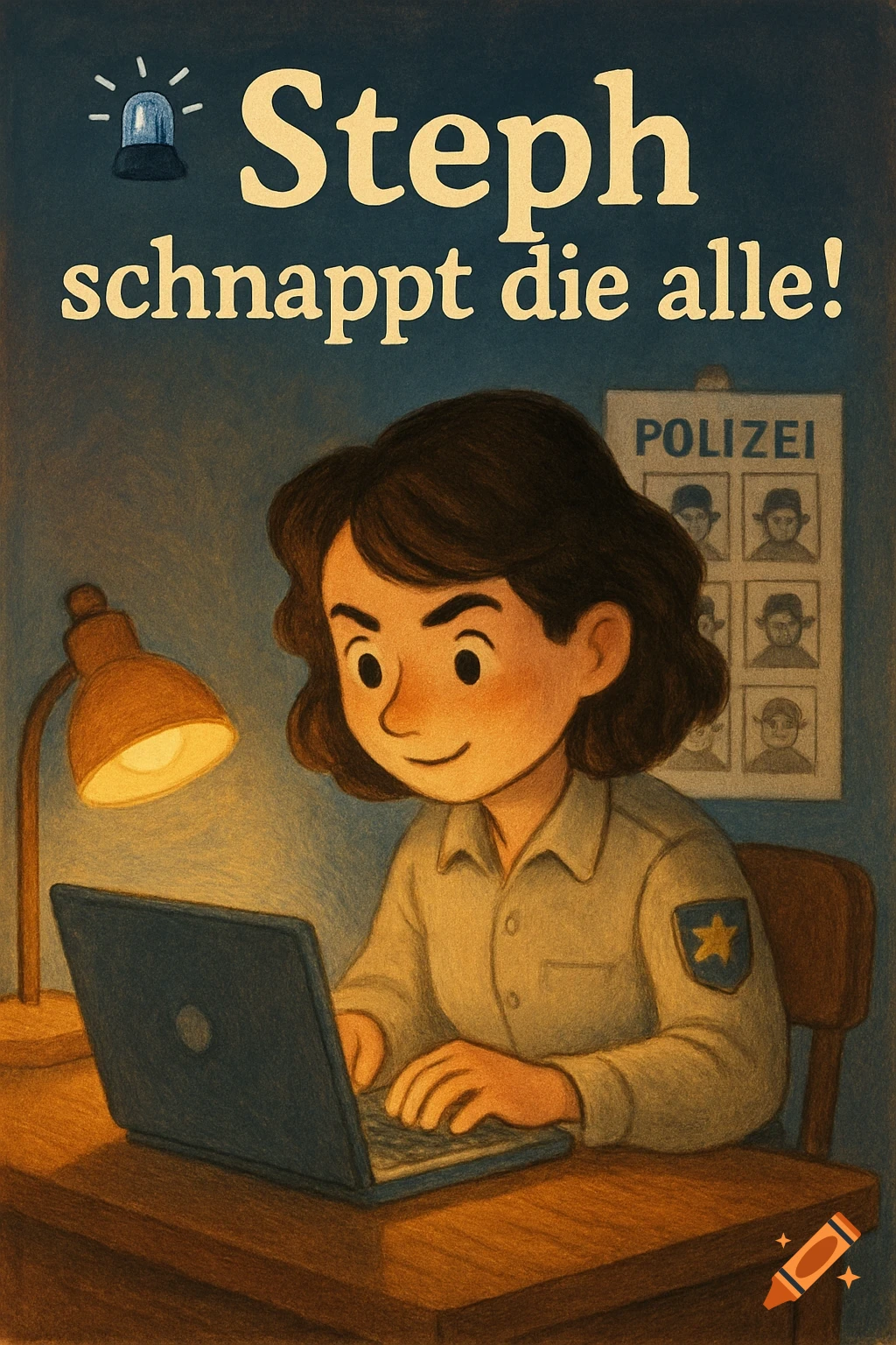 Children's illustration of a policewoman at a laptop under a desk lamp, with 'Steph schnappt die alle!' above and a 'Polizei' wanted list on the wall.