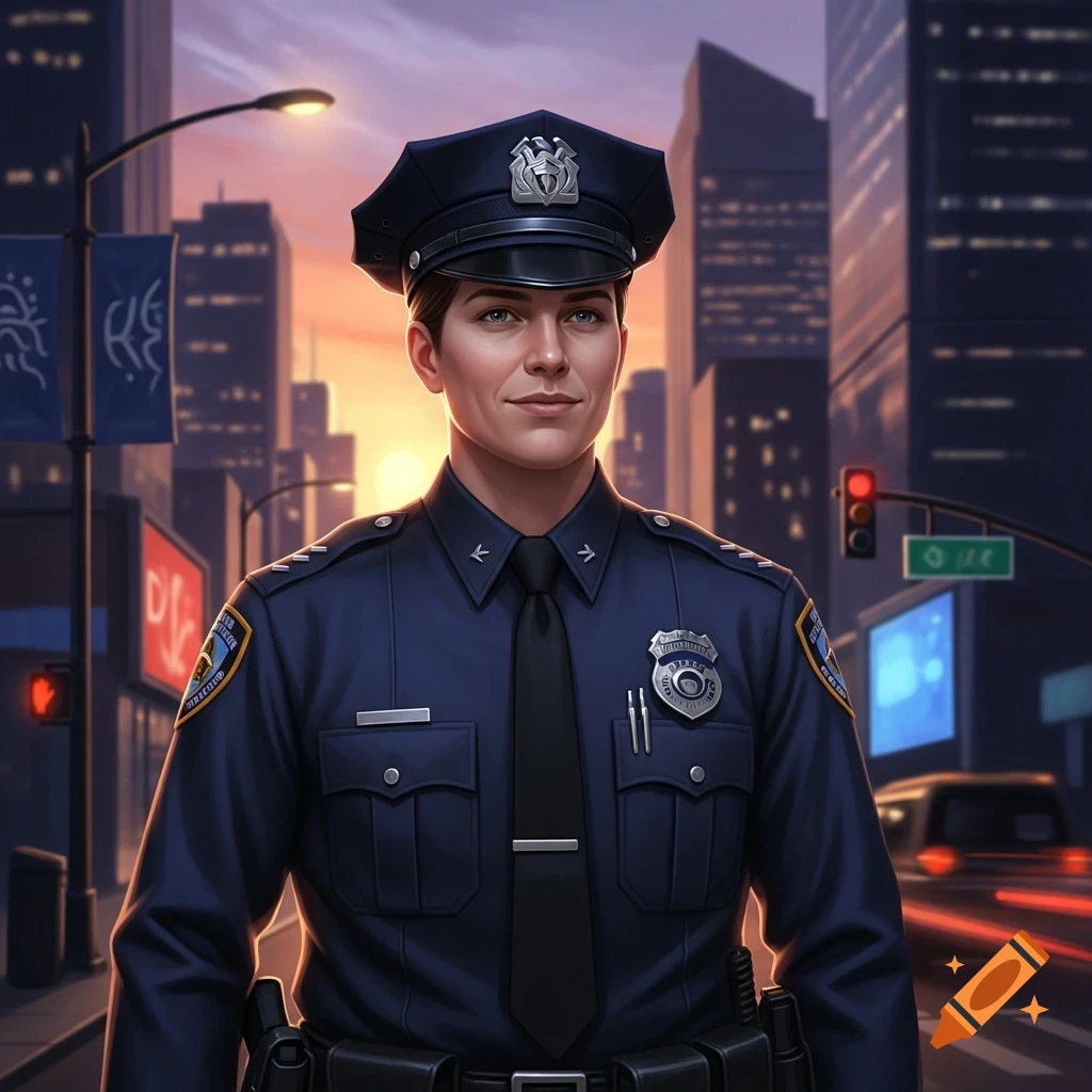 A police officer in a dark blue uniform stands in a stylized city street at sunset.