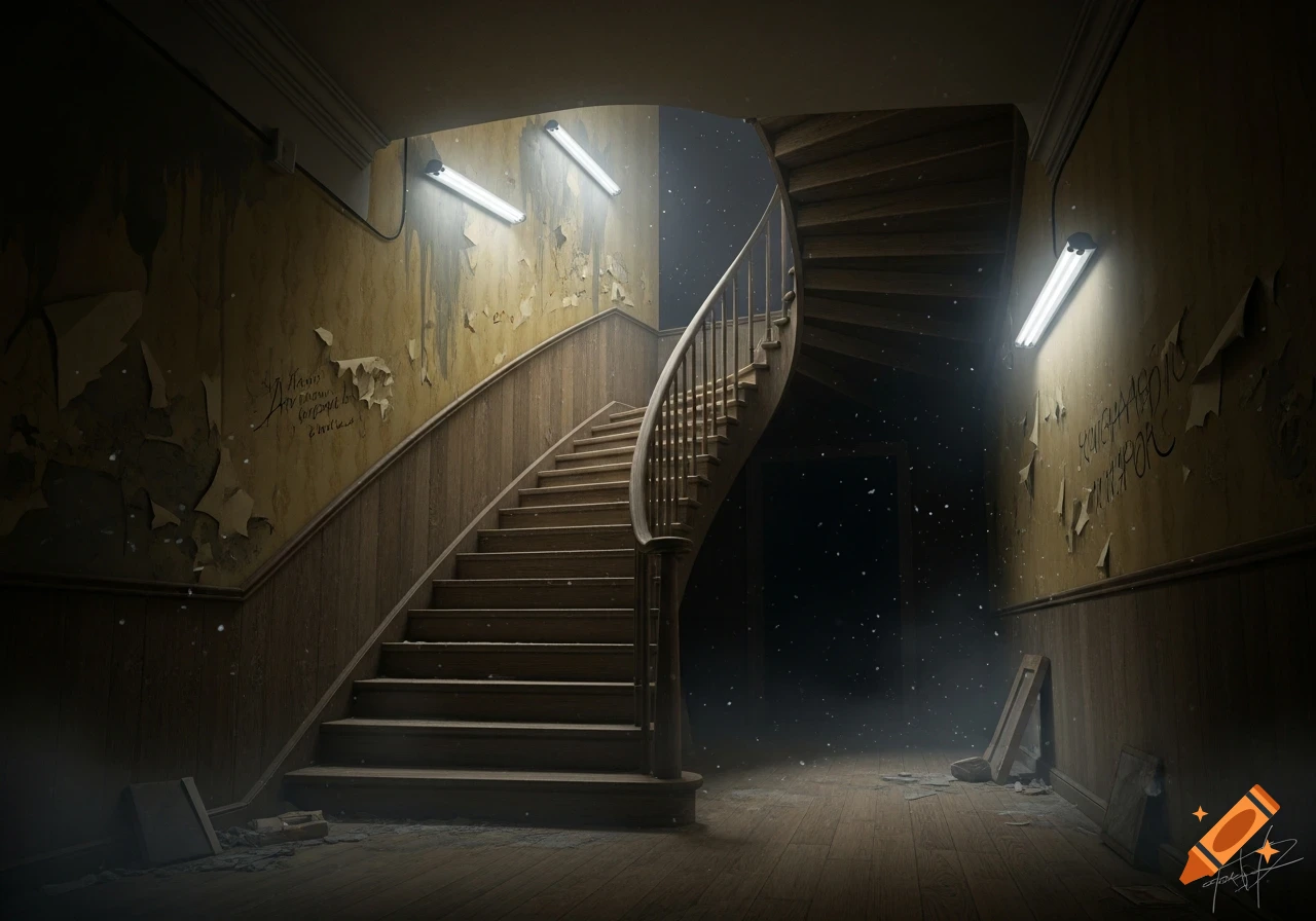 A creepy, dilapidated wooden spiral staircase in a dark, abandoned building with peeling yellow wallpaper, fluorescent lights, and dust motes in the air.