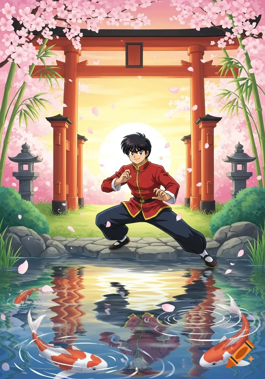 An anime boy in a red martial arts uniform poses in a Japanese garden with a torii gate, cherry blossoms, and koi pond.