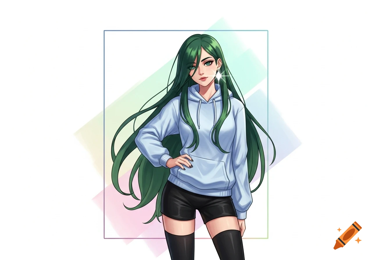 An anime girl with long emerald green hair, a light blue hoodie, black shorts, and black thigh-high socks, posing coolly.