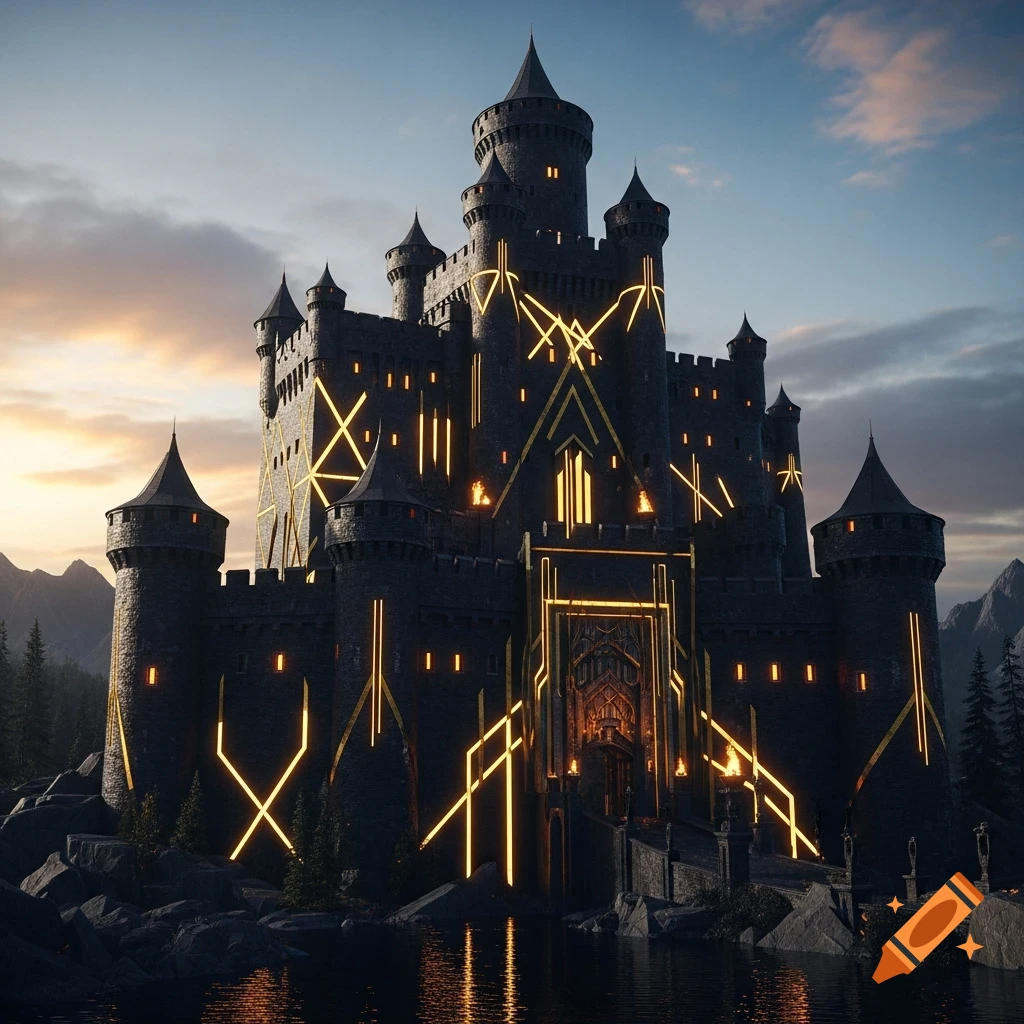 A dark medieval castle adorned with glowing golden geometric patterns, reflected in a still lake under a twilight sky.