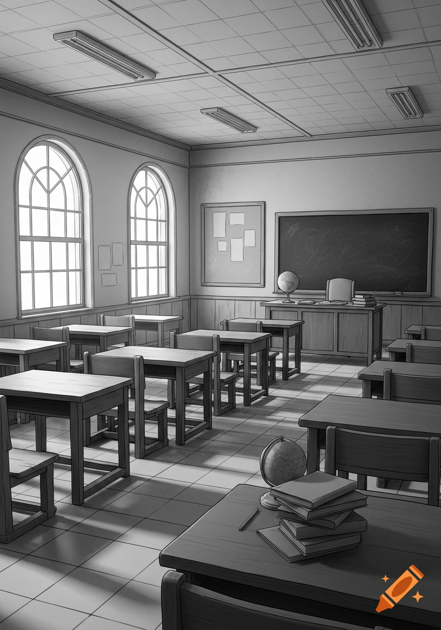 Black and white drawing of an empty classroom with desks, chairs, a blackboard, and large arched windows.