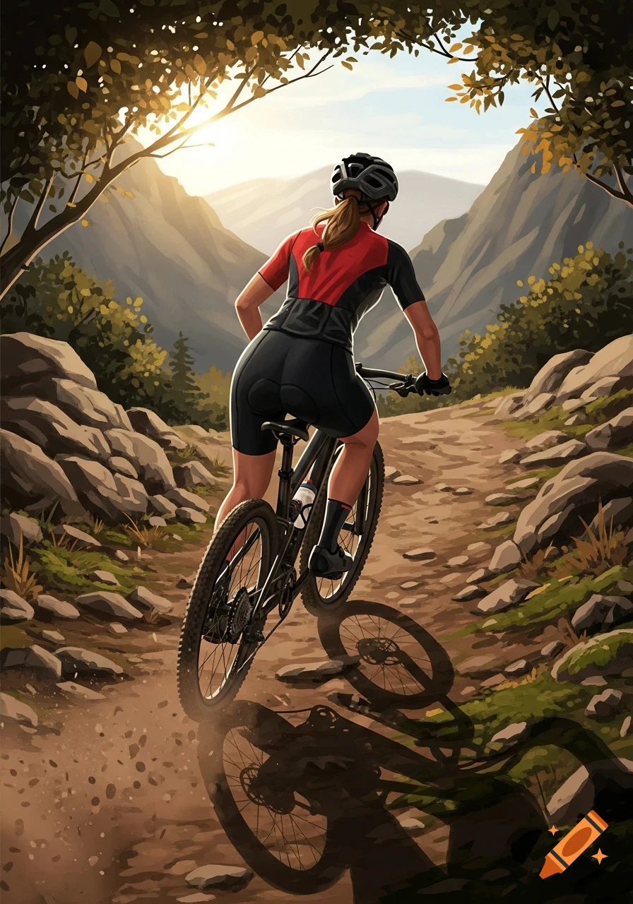 Stylized illustration of a woman in a red and black cycling suit riding a mountain bike on a dirt trail at sunset, viewed from behind, with mountains in the background.