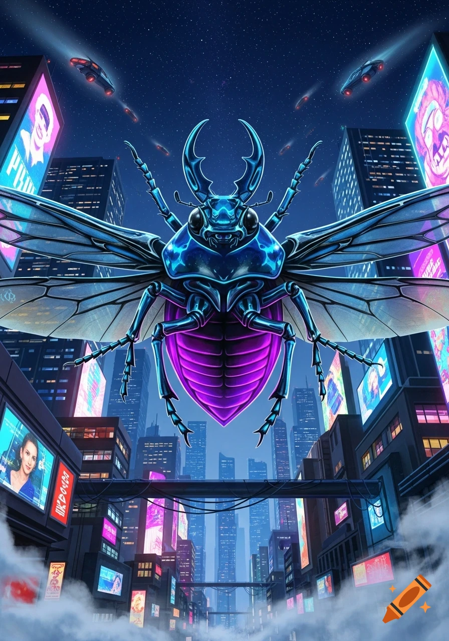 A giant, glowing blue and purple beetle flies over a dark cyberpunk city filled with neon signs and flying vehicles.