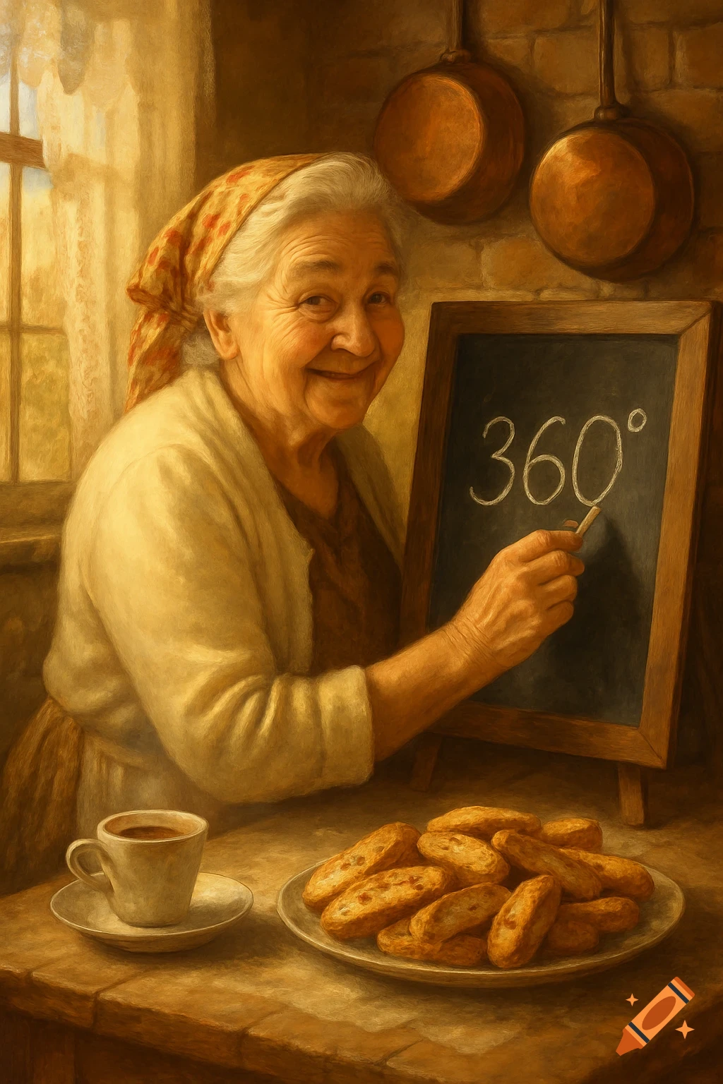 A smiling elderly woman in a kitchen, pointing at a chalkboard with "360 " written on it. A cup of coffee and biscotti are on the table.