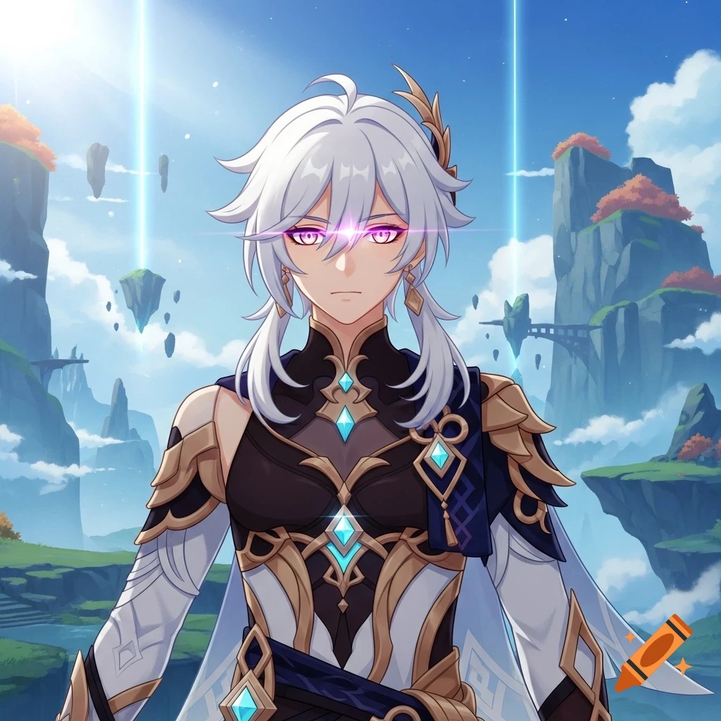 Androgynous anime character with white hair and glowing pink eyes in intricate dark, gold, and blue armor, in a fantasy landscape with floating islands and light beams.
