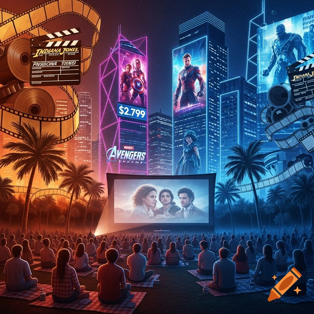 An outdoor movie night in a city, with a crowd watching a film on a large screen. Skyscrapers glow with neon light, displaying movie posters for "Avengers: Endgame" and "Indiana Jones" along with a "$2.799" sign, while film reels frame the scene.