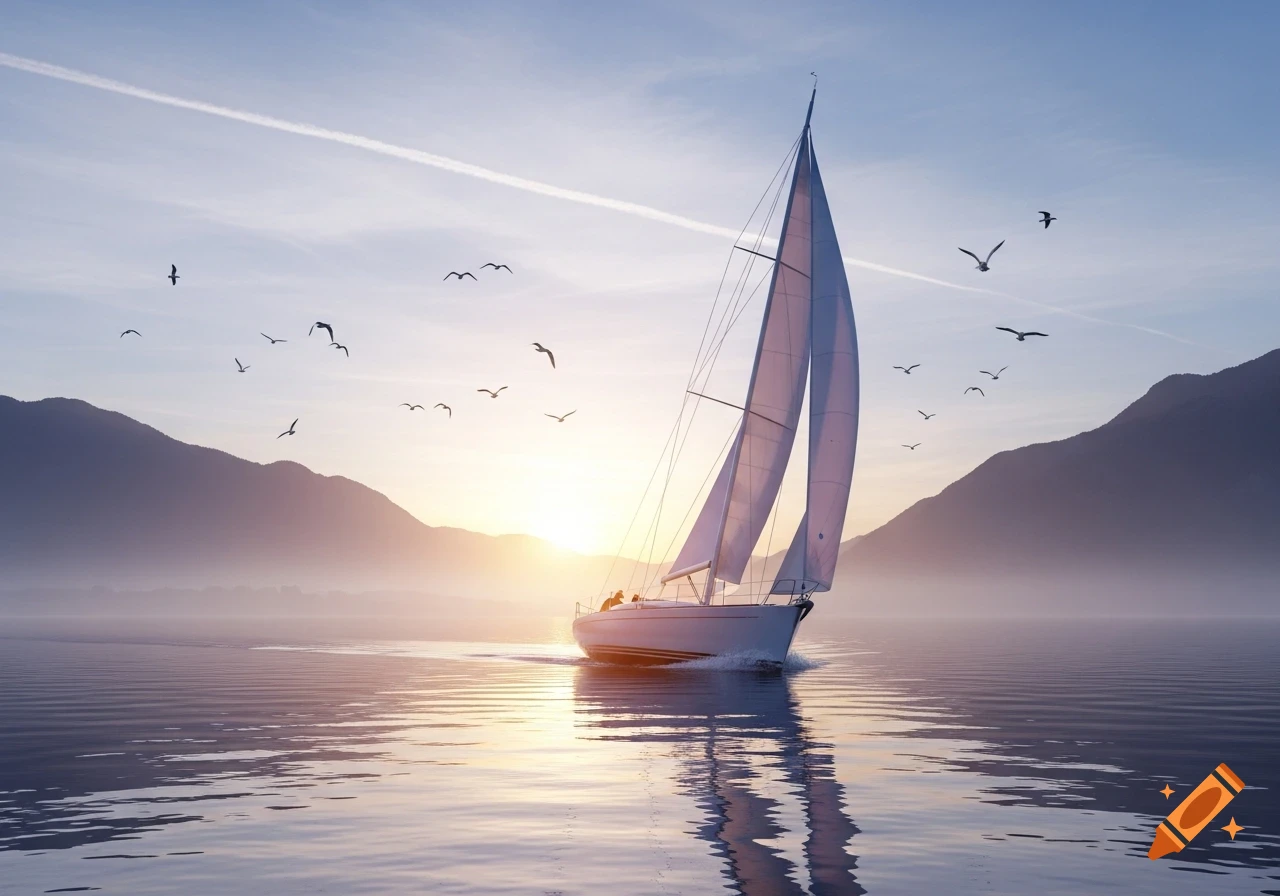 Photorealistic sailboat glides on calm water at sunset, surrounded by distant mountains and flying birds.