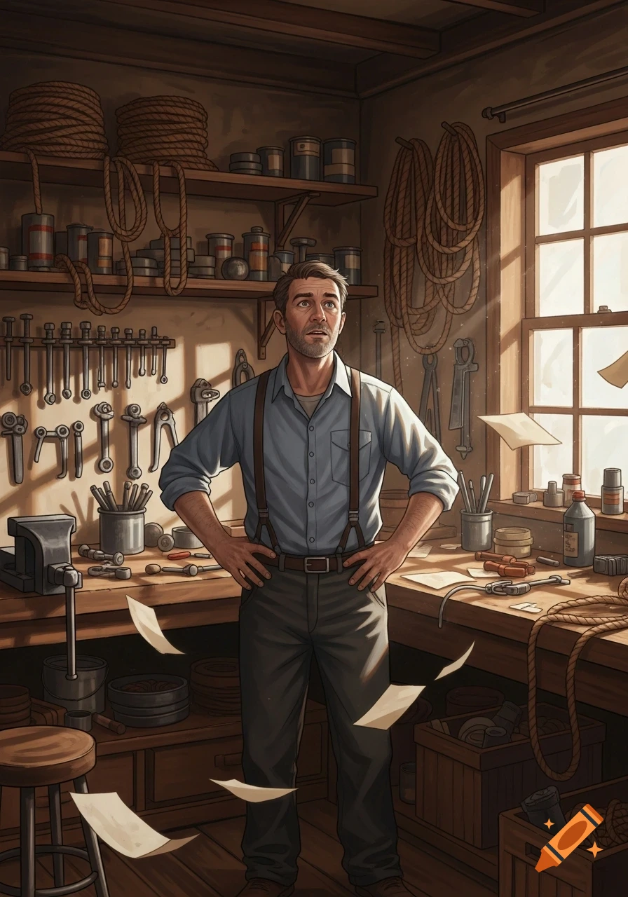 An illustrated man in a cluttered workshop with tools, ropes, and shelves, looks up as papers float around him.
