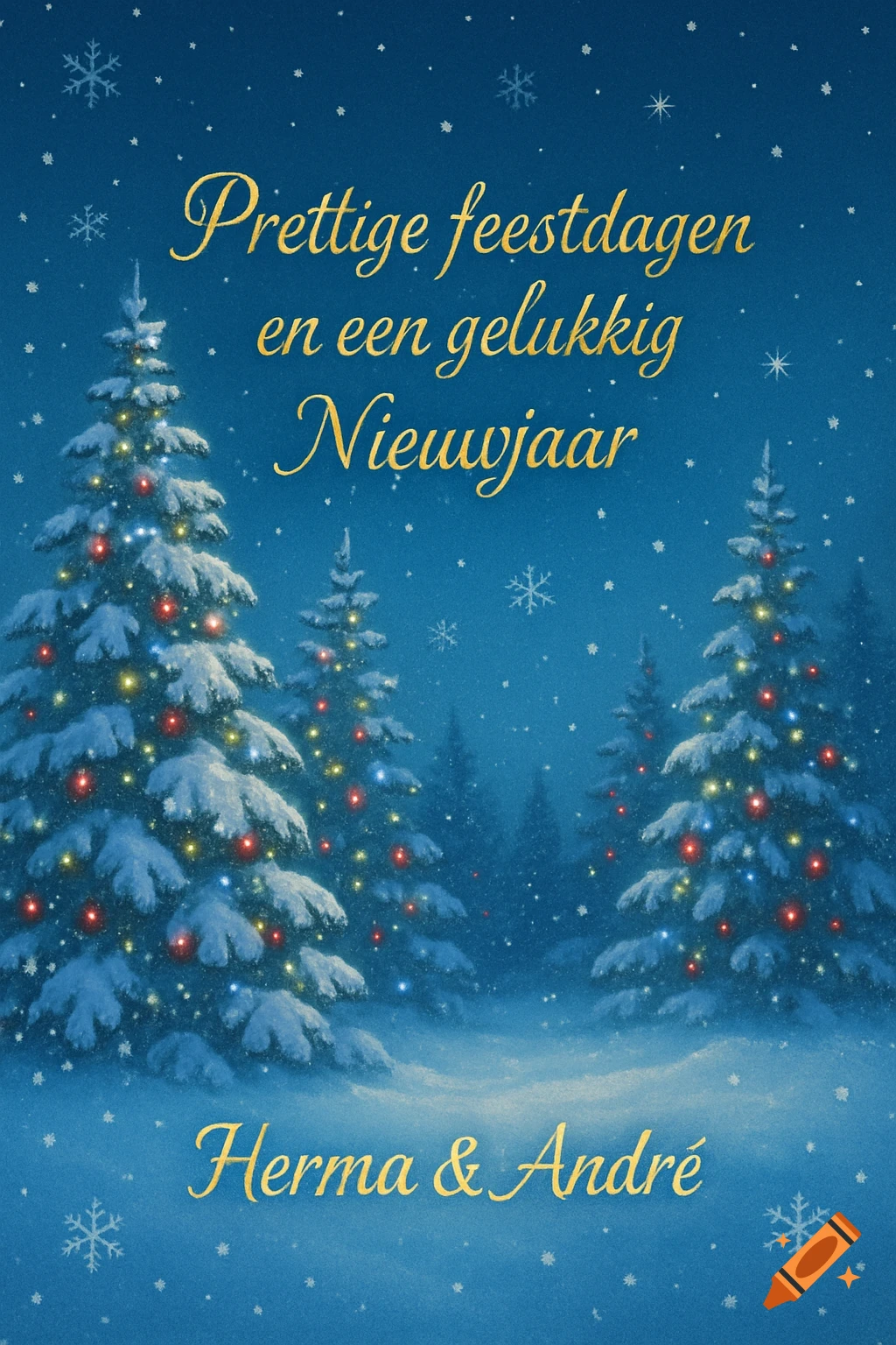 A Christmas card illustration with snow-covered pine trees and festive lights in a snowy landscape under a blue sky, featuring gold script text.