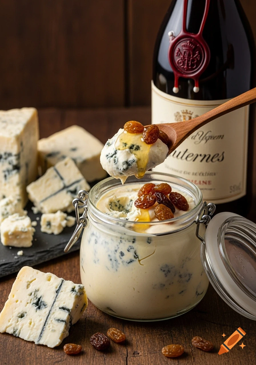 Photorealistic image of blue cheese cream with honey and raisins, a spoon, cheese wedges, and a wine bottle on a dark wood surface.