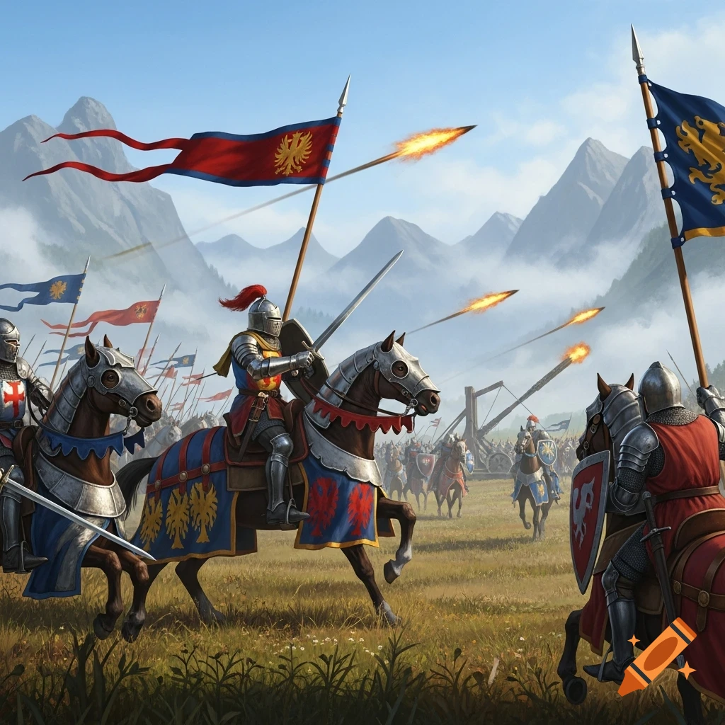 Knights on armored horses charge across a grassy field under a clear sky, with siege weapons firing fiery projectiles and mountains in the background.