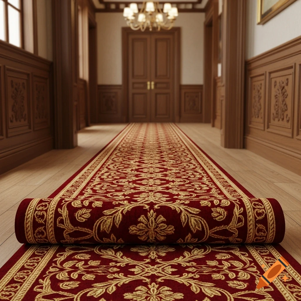 A long red and gold damask pattern carpet runner unrolls down a grand hallway with wood paneling and a chandelier.