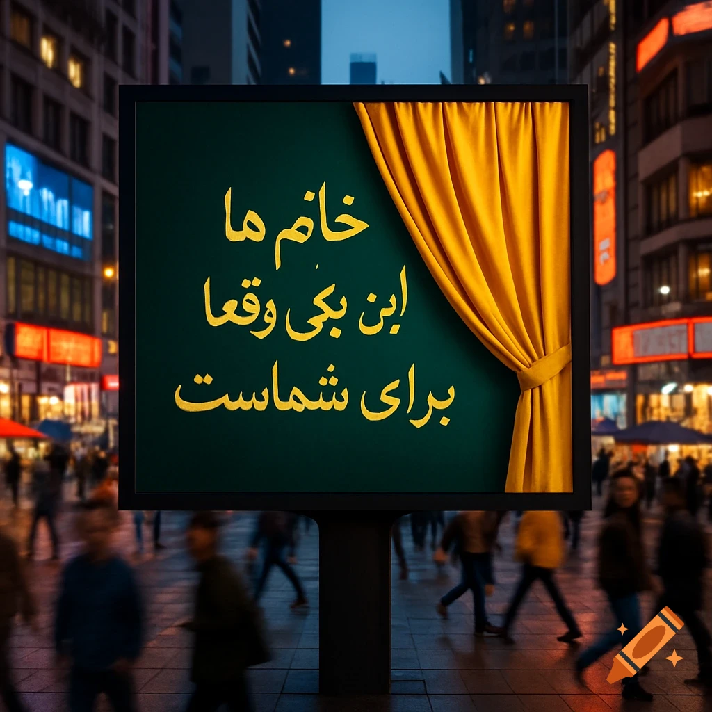 A brightly lit billboard with gold Persian text on a dark green background and a yellow curtain tied to one side, stands on a busy city street at night.
