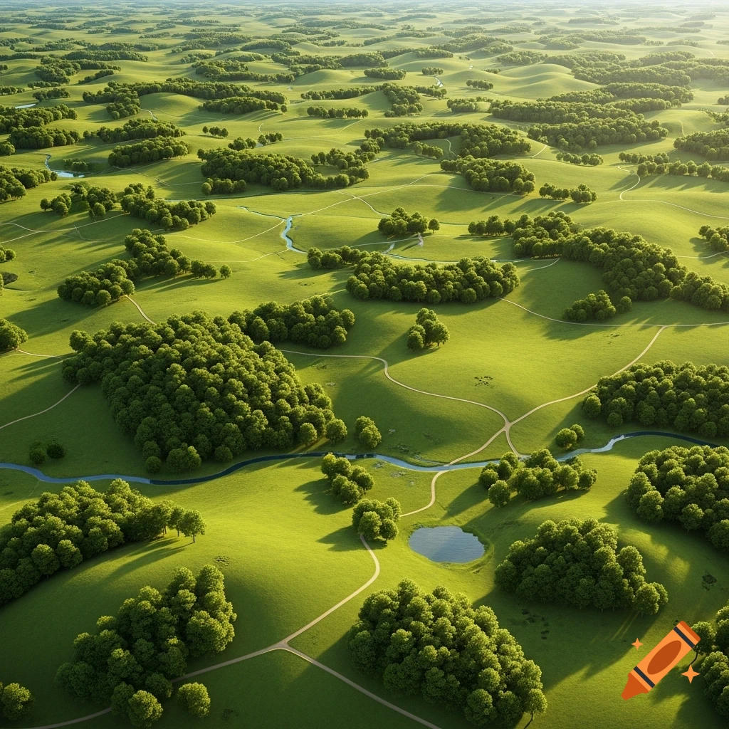 An aerial view of a lush green landscape with rolling hills, scattered clusters of trees, winding paths, and a small pond under a clear sky.