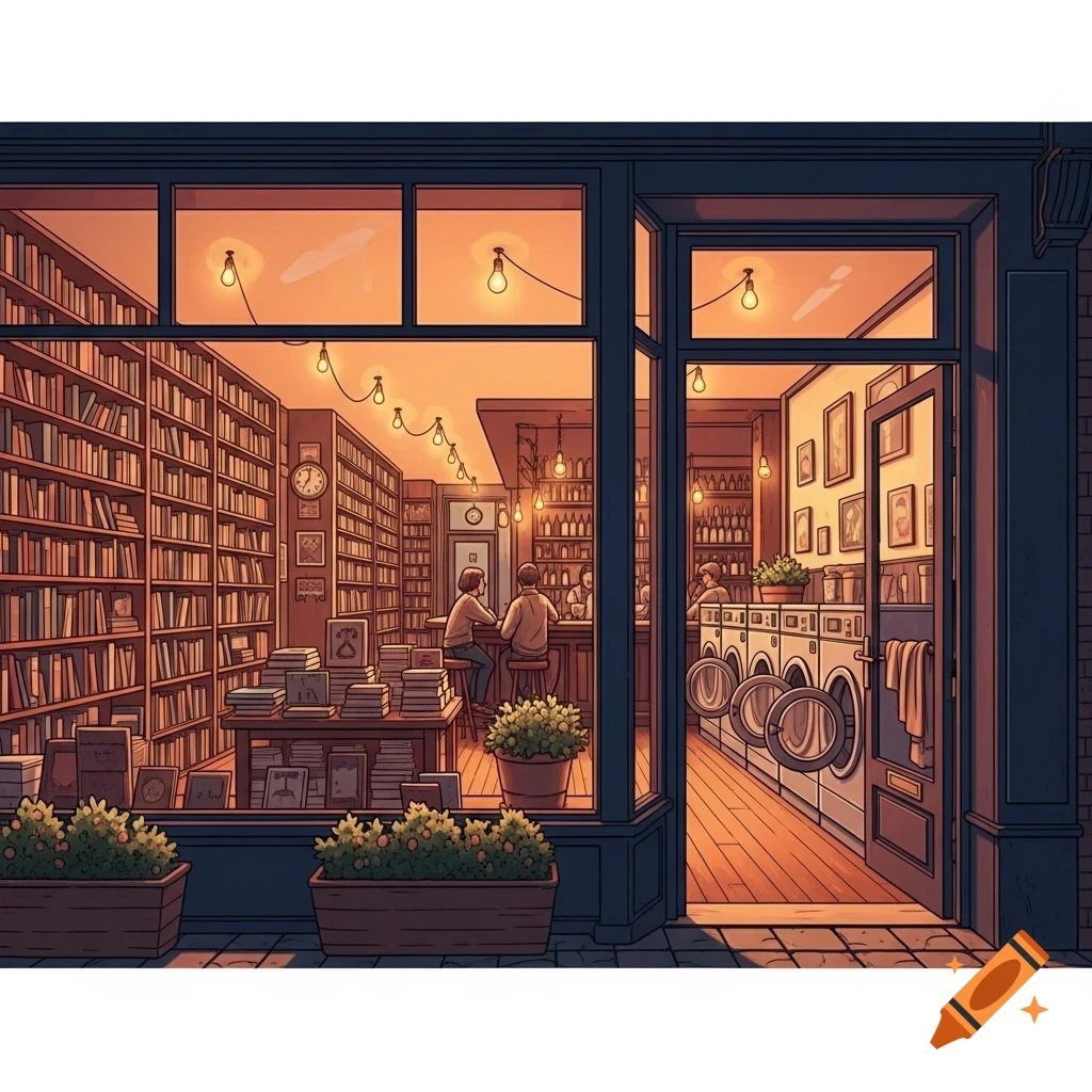 Stylized drawing of a bookshop, bar, and laundry room visible through a storefront window at dusk.