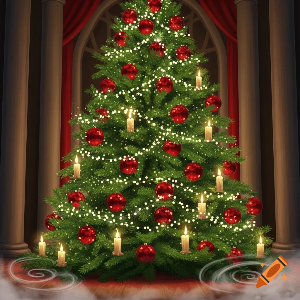 A festive Christmas tree decorated with red baubles, string lights, and glowing candles, in a grand room.