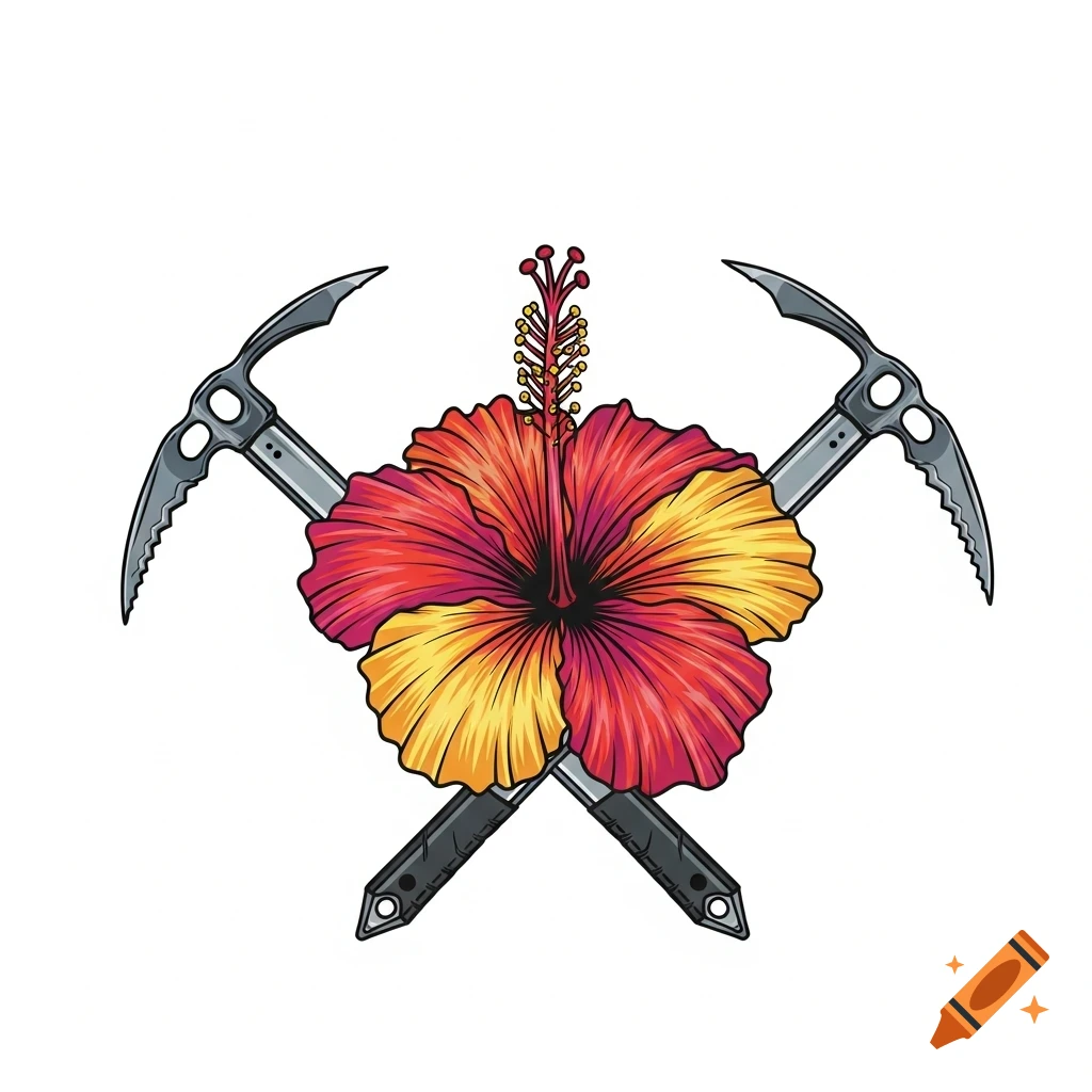 A vibrant red and yellow hibiscus flower with two silver ice climbing axes crossed behind it, in a clean, illustrative style.