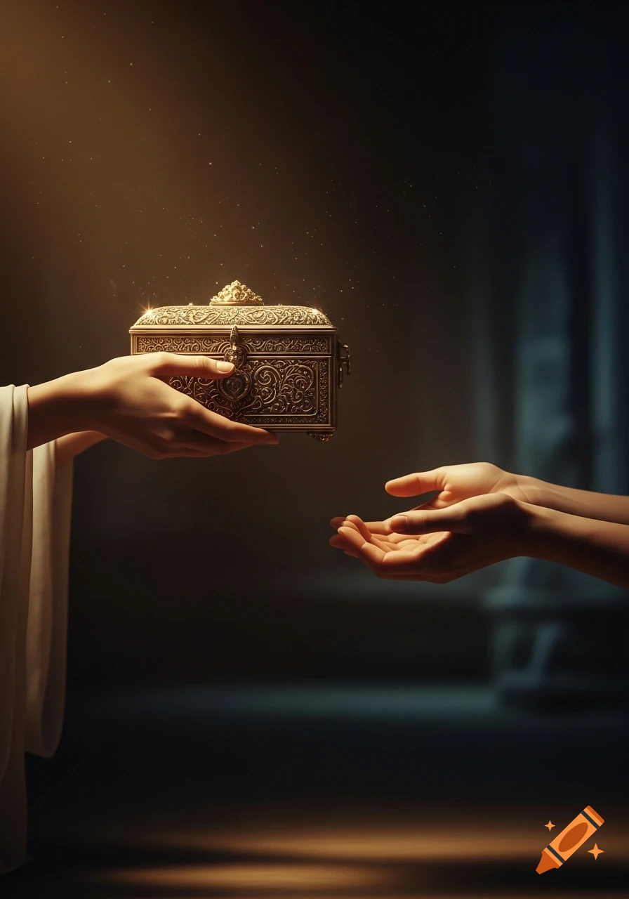 Two hands in a white sleeve offer an ornate golden treasure chest to two open, receiving hands in a dramatic, dimly lit scene with sparkling dust.
