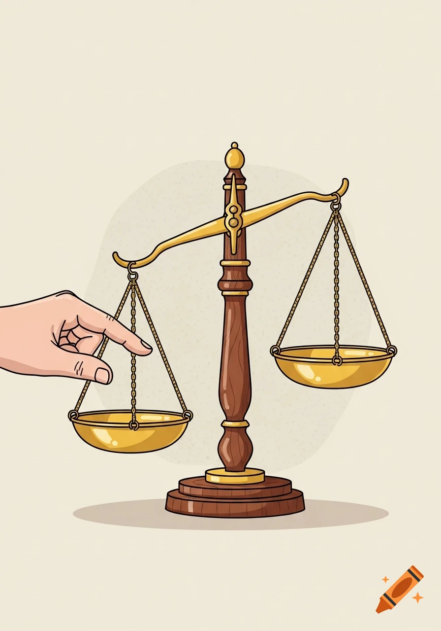 A cartoon illustration of a human hand pressing down on one side of a golden balance scale.
