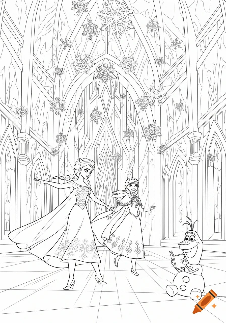 Black and white coloring page depicting Elsa, Anna, and Olaf from Frozen dancing in an ice castle with falling snowflakes.