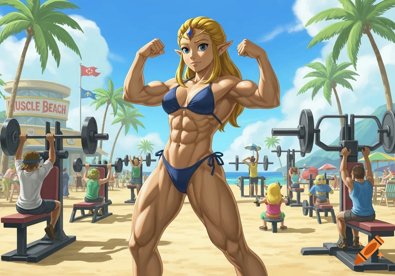 Princess Zelda in a blue bikini flexing her muscular body at a tropical Muscle Beach with others exercising in an anime style.