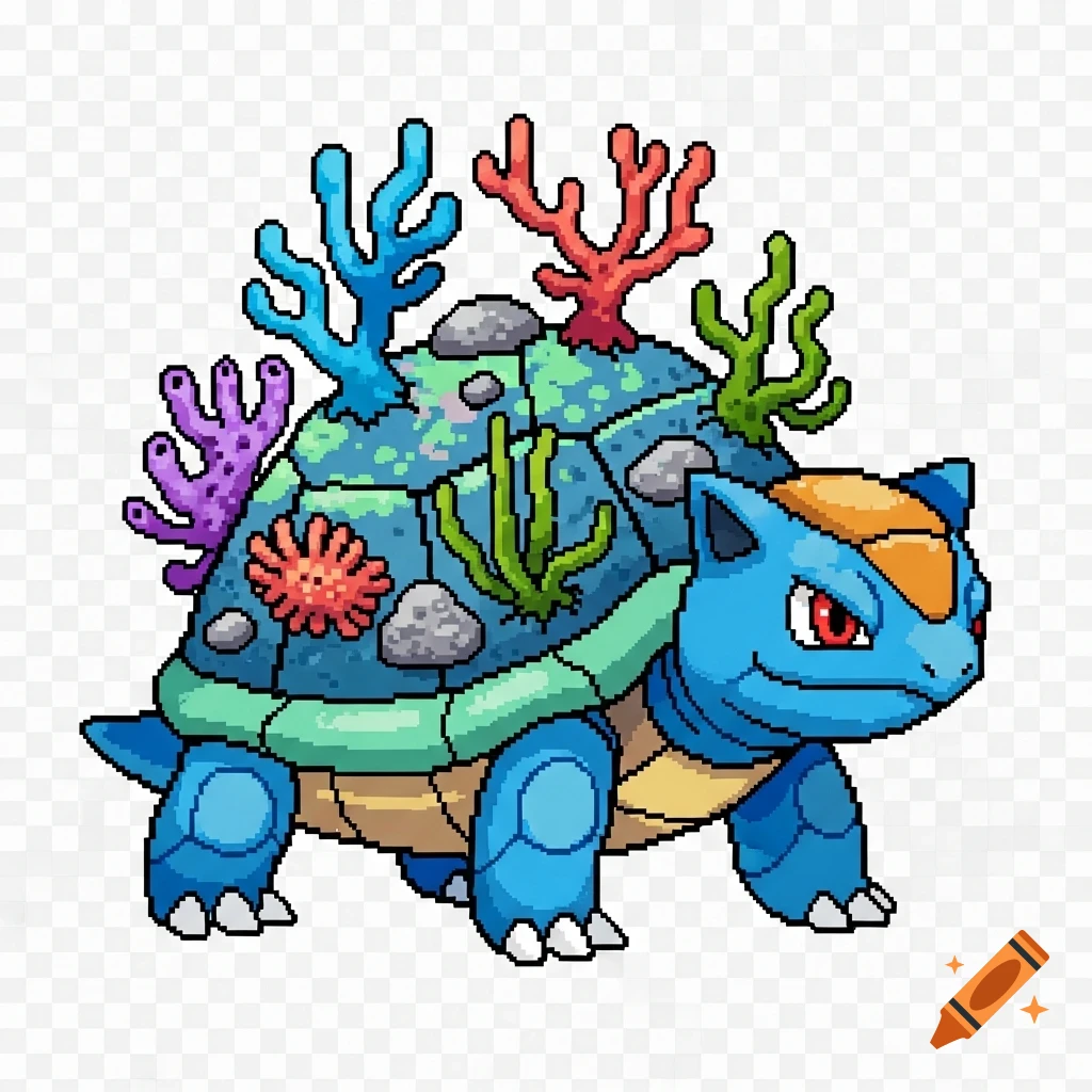 Pixel art blue sea turtle-like Pokémon creature with a vibrant coral reef on its shell, on a transparent background.
