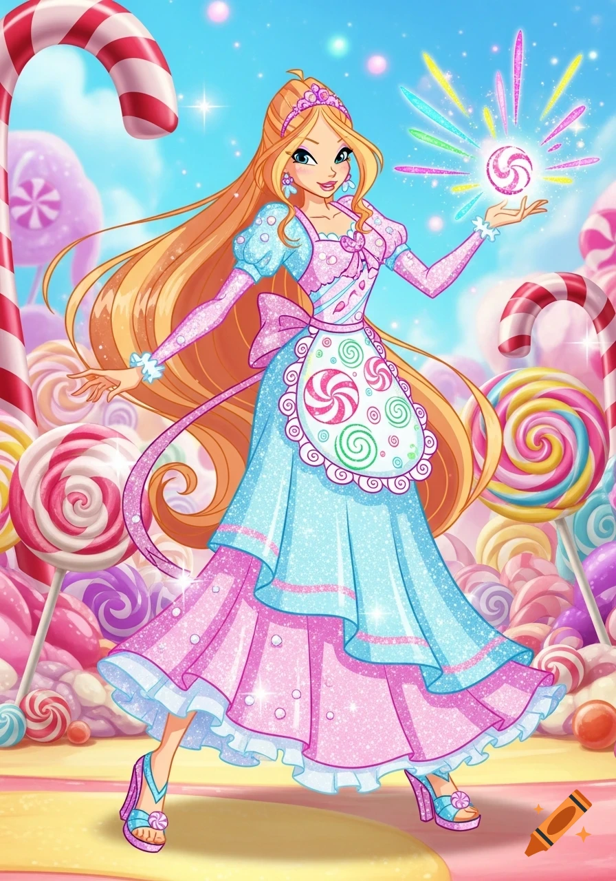 A Winx Club style girl with long orange hair in a sparkling pink and blue candy-themed dress and apron stands in a sugary candy land, holding a glowing candy orb.