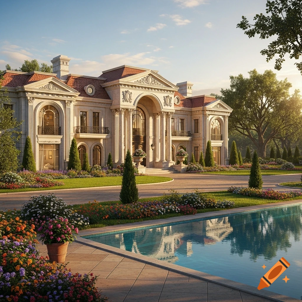 Grand classical mansion with a red roof, columns, lush gardens, a circular driveway, and a swimming pool.